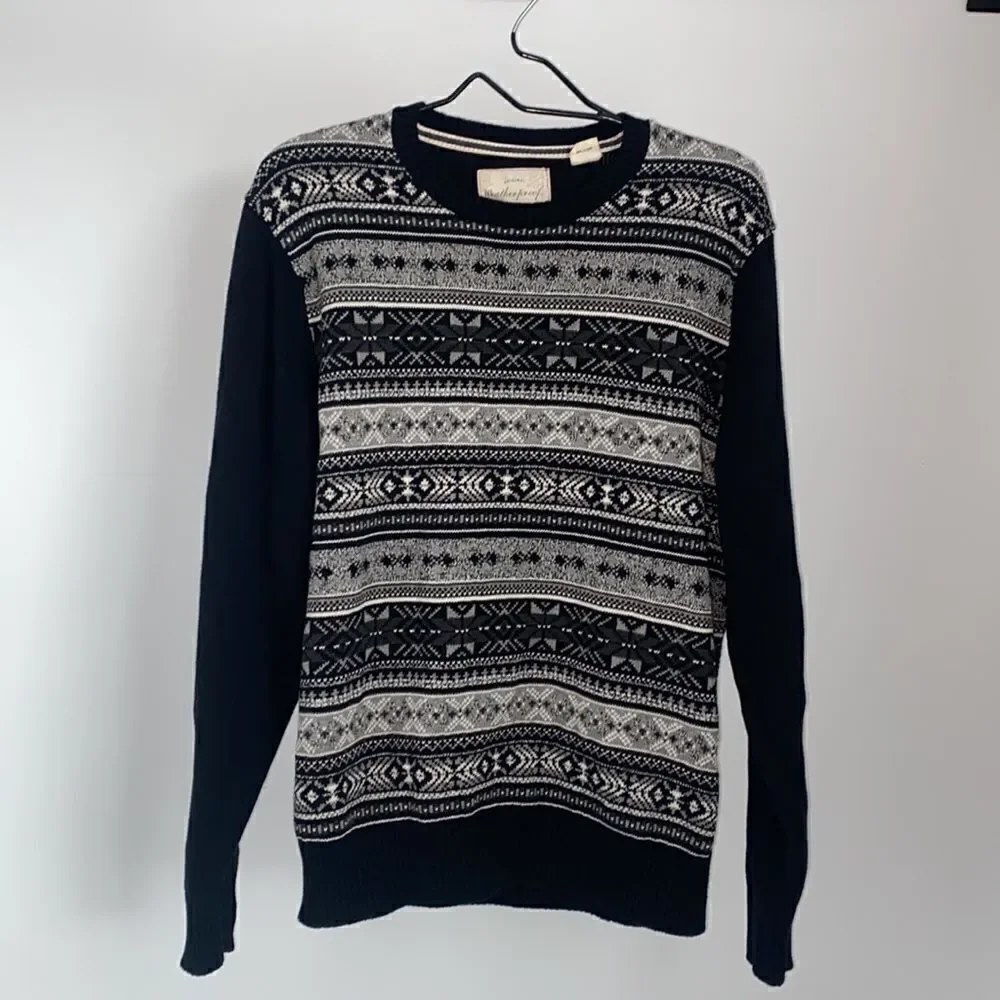 Weatherproof Vintage Men's Fair Isle Holiday Black Gray Cotton Sweater Large